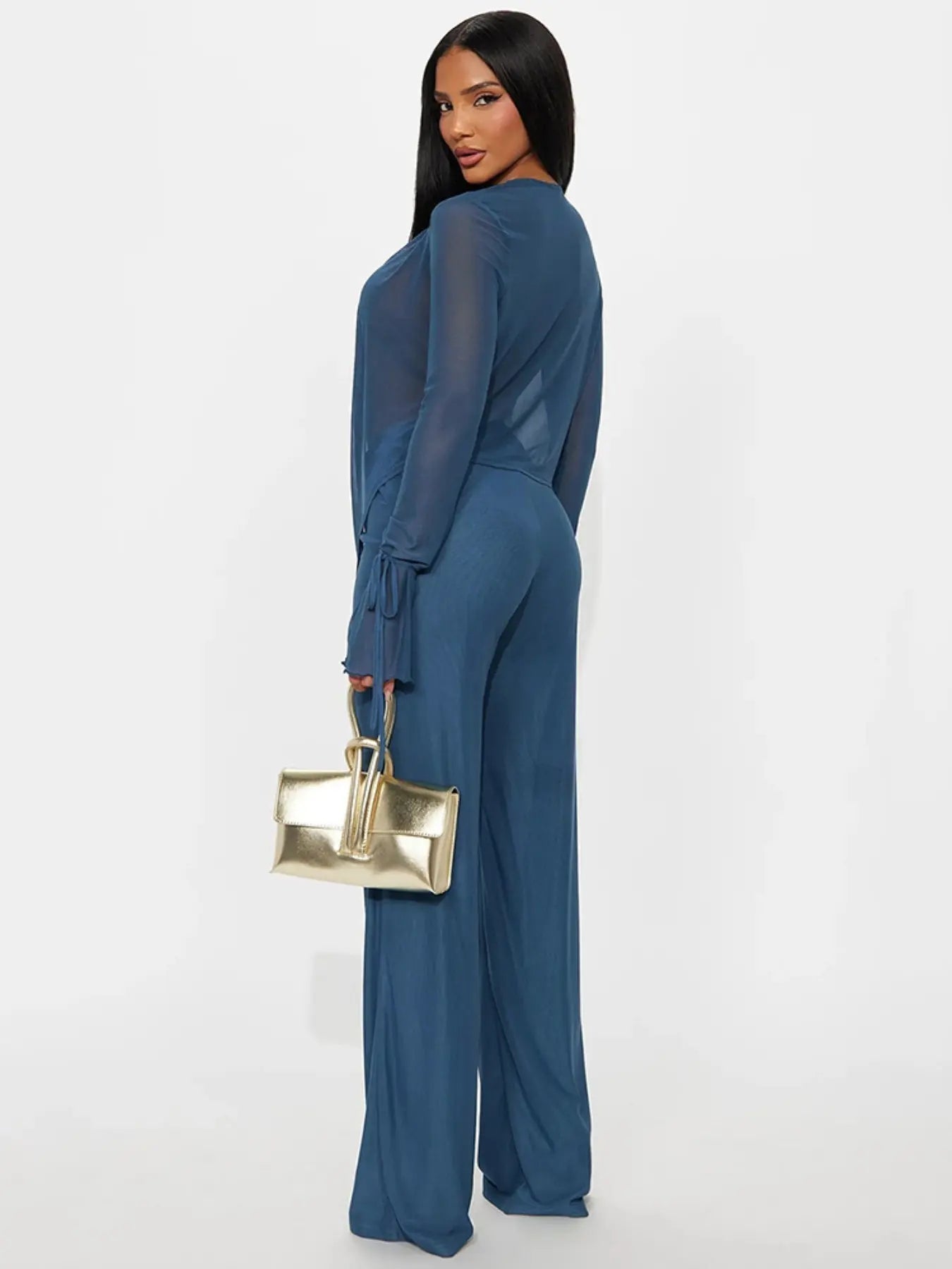 Women's Deep V Neck Blouse Set, Long Sleeve Crop Top & High Waisted Pants, Sexy Plain Design, Fall Winter Fashion