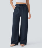 Casual High-Waisted Linen Trousers with Drawstring and Wide Pockets