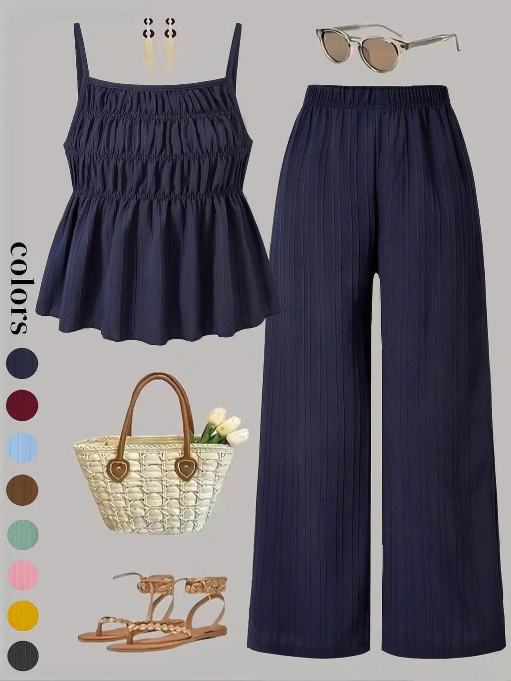 Two-Piece Set Women's Solid Color Cami Top & Wide Leg Pants Set