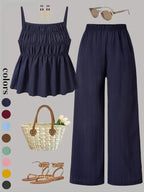 Two-Piece Set Women's Solid Color Cami Top & Wide Leg Pants Set