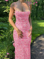 Women's Ditsy Floral Print Backless Sleeveless Spaghetti Strap Cami Dress, Summer Dress for Women, Casual Wear, Bohemian Fashion Maxi Dress for Holiday Vacation Party, Ladies Dress for Beach