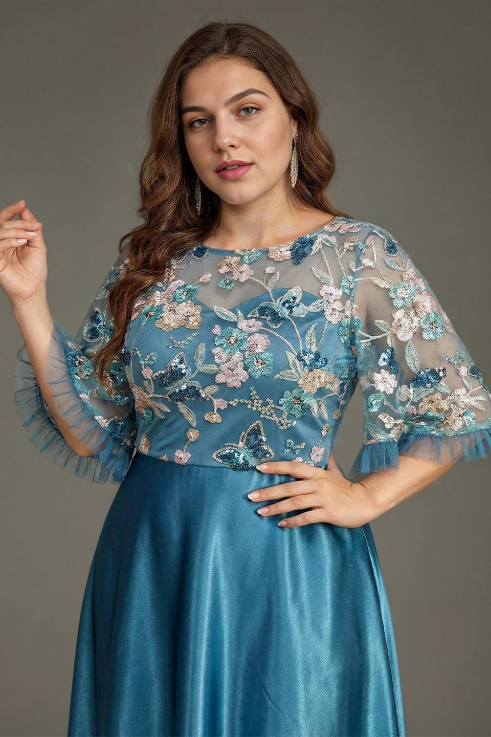 Curveins Plus Size Round Neck Batwing Sleeve Ruffle Patchwork Elegant Maxi Dress