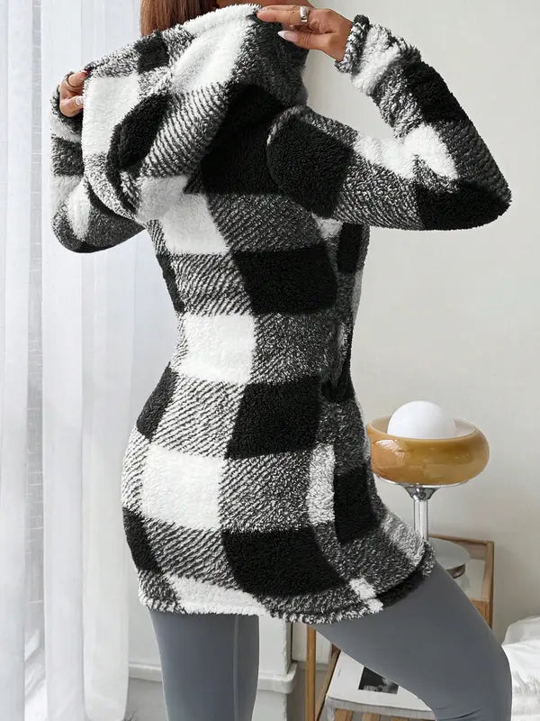 Women's  Plaid & Fluffy Trim Zip Front Hoodie Jacket, Ladies Casual In Fall/Winter