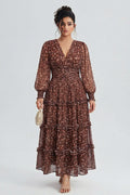 Curveins Plus Size V Neck Long Sleeve Floral Tiered Maxi Dress