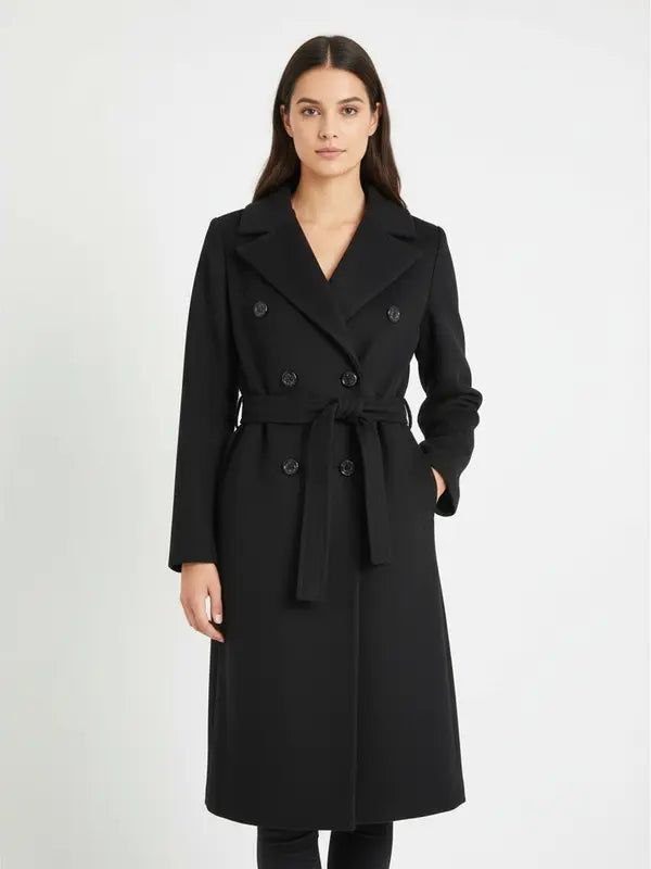 Long double-breasted coat with a belt and lapel, suitable for everyday wear and versatile