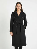 Long double-breasted coat with a belt and lapel, suitable for everyday wear and versatile