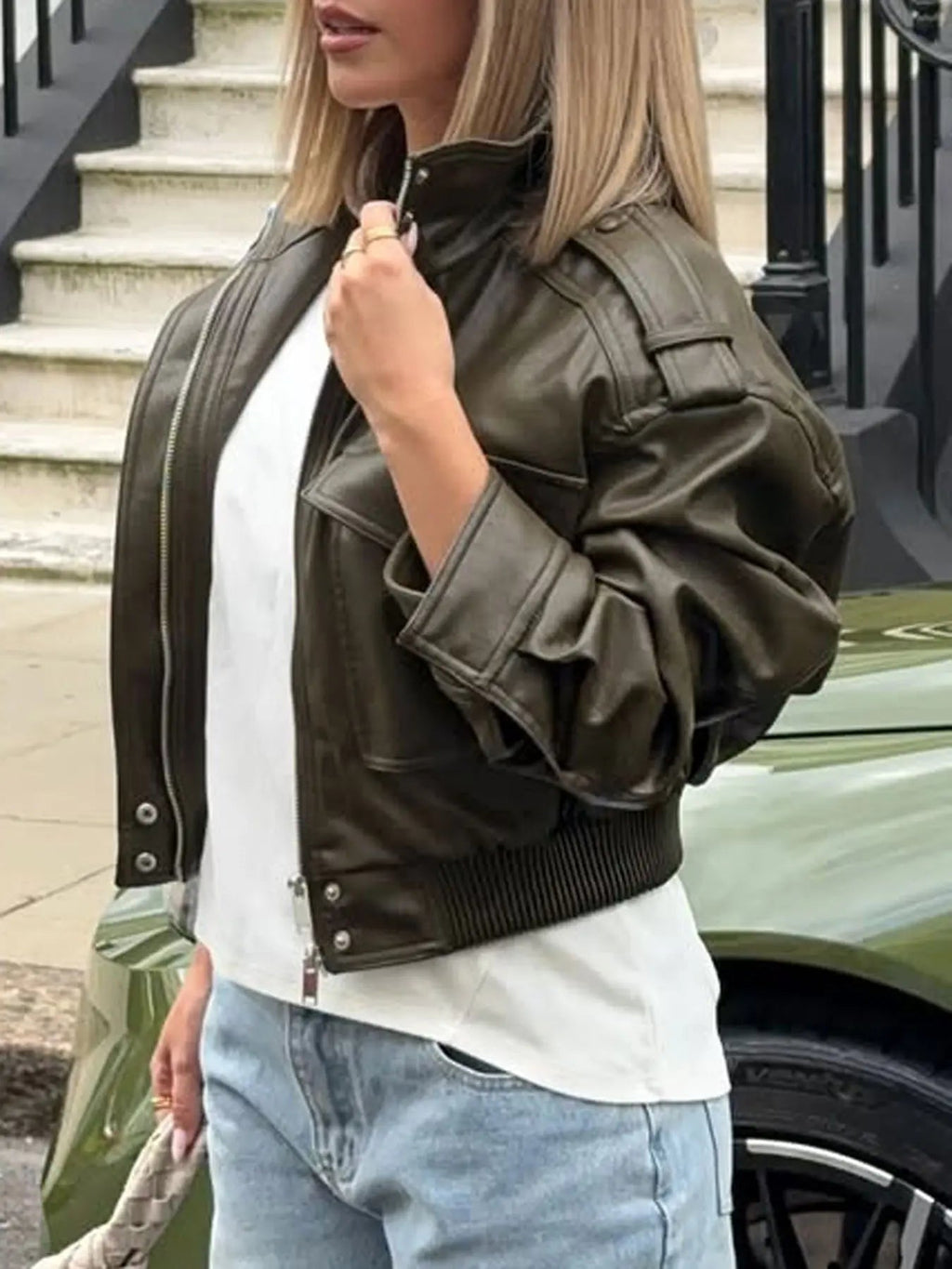 Women's Olive Green Faux Leather Bomber Moto Jacket with Stand Collar and Flap Pockets, Casual Short Layered Streetwear Outerwear