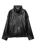Black Faux Leather Jacket Stand Collar Oversized Moto Biker Jacket Elastic Hem Streetwear Casual Long Sleeve Waterproof Windproof Outerwear for Spring & Fall, Ladies Clothes for Daily Wear