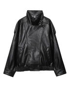 Black Faux Leather Jacket Stand Collar Oversized Moto Biker Jacket Elastic Hem Streetwear Casual Long Sleeve Waterproof Windproof Outerwear for Spring & Fall, Ladies Clothes for Daily Wear