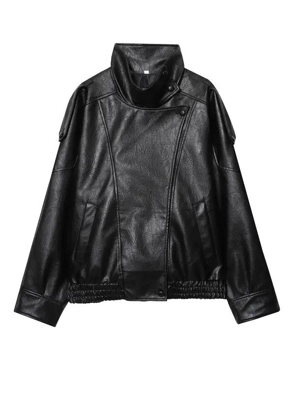 Black Faux Leather Jacket Stand Collar Oversized Moto Biker Jacket Elastic Hem Streetwear Casual Long Sleeve Waterproof Windproof Outerwear for Spring & Fall, Ladies Clothes for Daily Wear