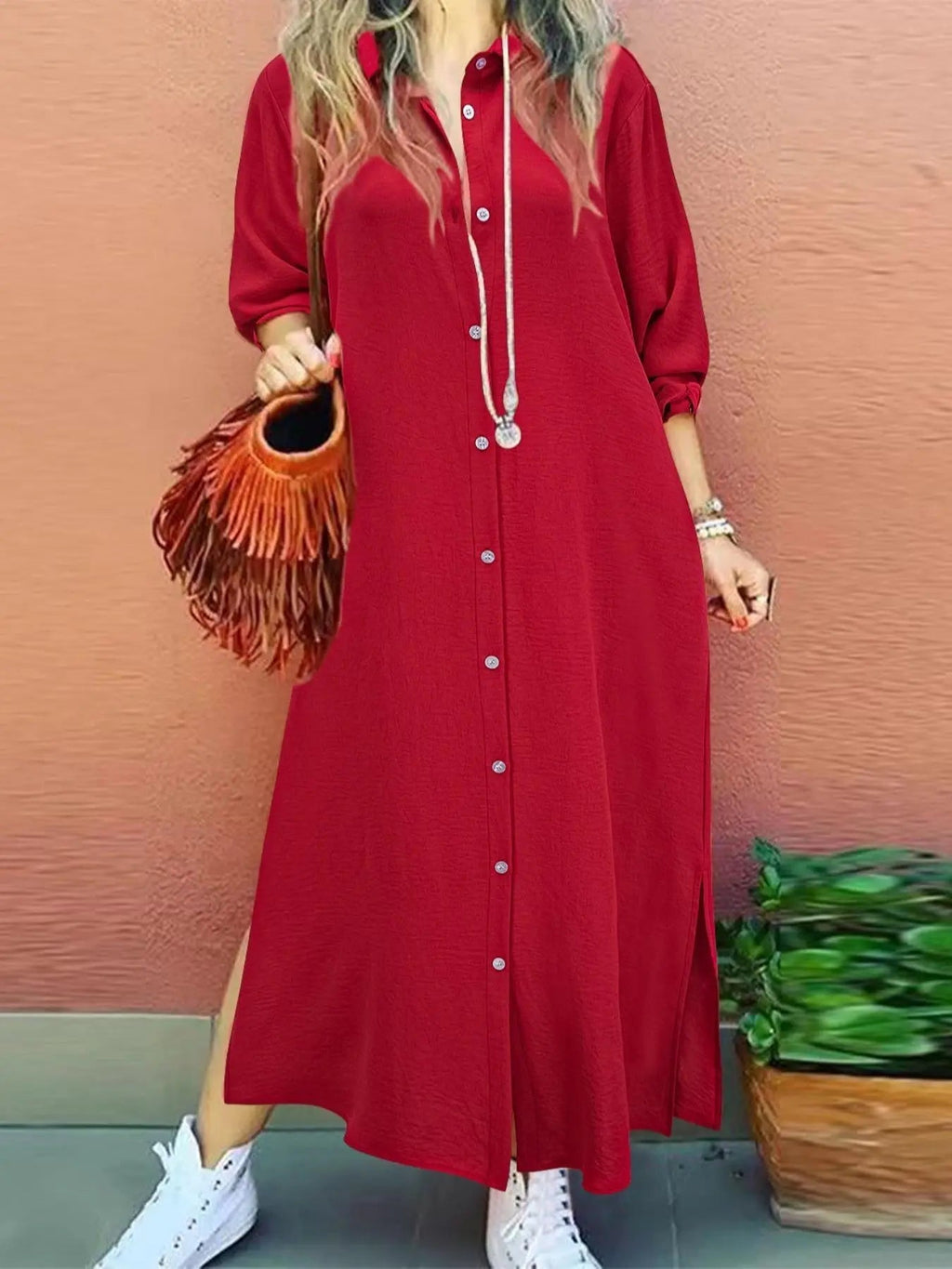 Women's Plain Button Shirt Collar Long Sleeve Dress, Collared Casual Fashion Long Dress for Daily Outdoor Wear, Women's Dress for Spring