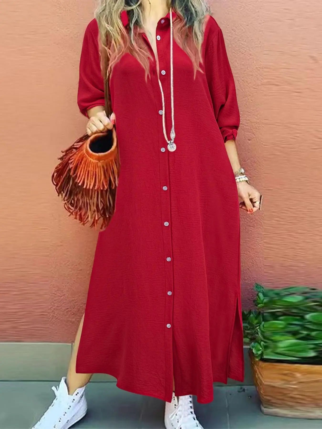 Women's Plain Button Shirt Collar Long Sleeve Dress, Collared Casual Fashion Long Dress for Daily Outdoor Wear, Women's Dress for Spring