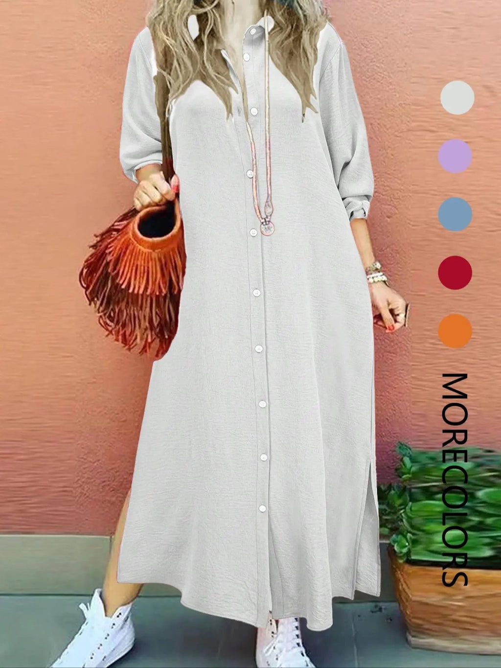 Women's Plain Button Shirt Collar Long Sleeve Dress, Collared Casual Fashion Long Dress for Daily Outdoor Wear, Women's Dress for Spring
