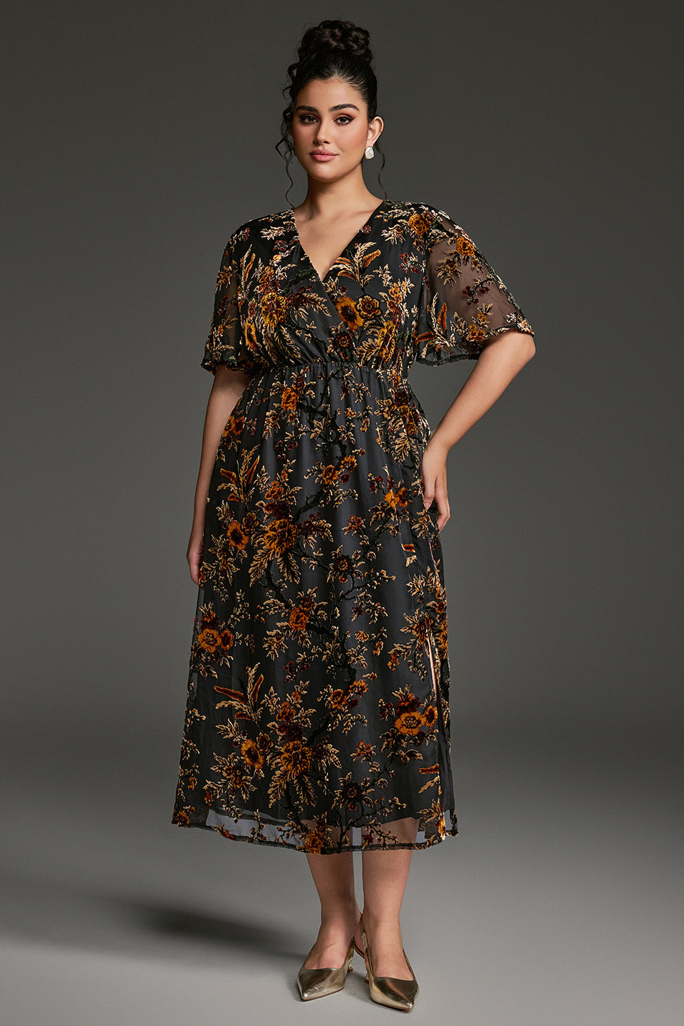 Curveins Plus Size V-Neck Sheer Batwing Sleeve Floral Velvet Midi Dress