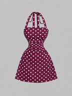 Women's Plain Ruched Tie Back Halter Neck Dress