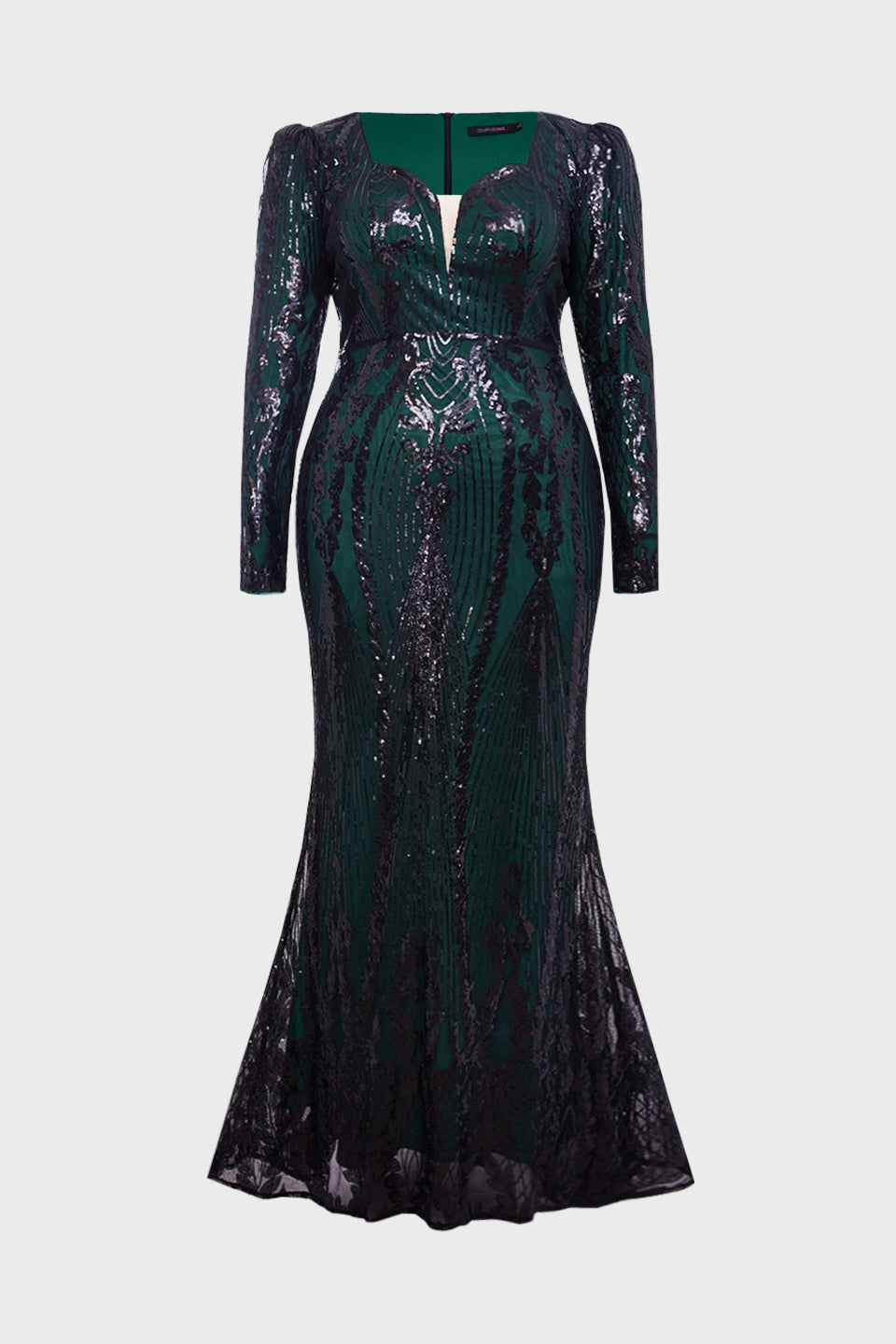 Curveins Elegant Plus Size V-Neck Floral Long Sleeve Sequin Bodycon Dress