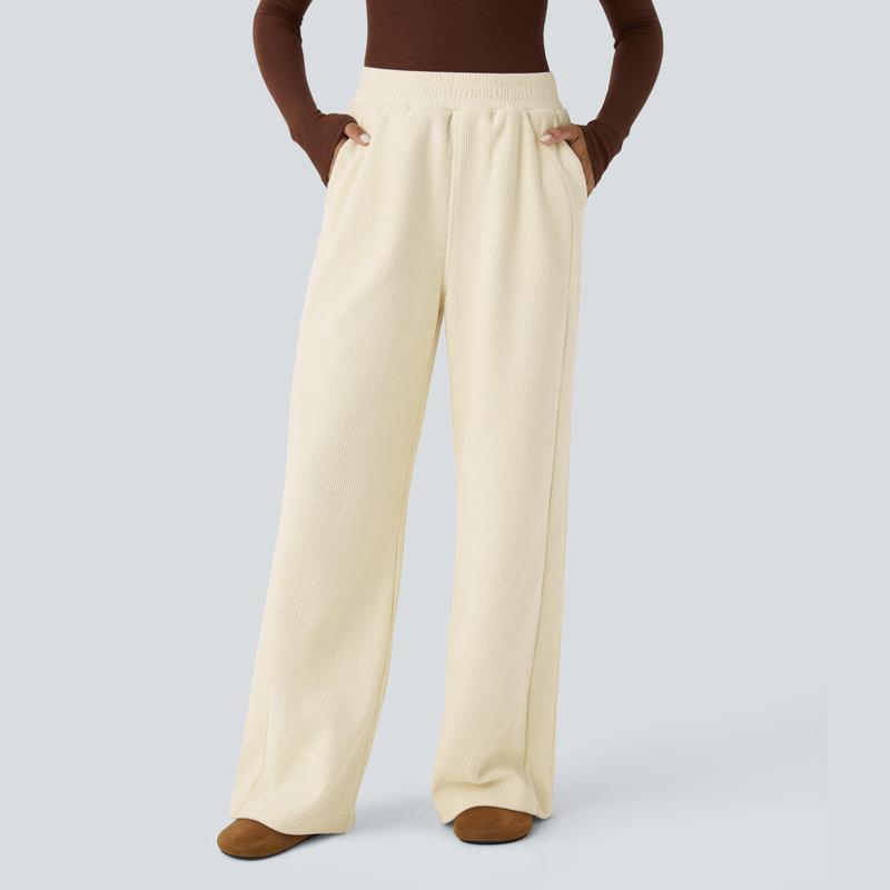 High Waisted Side Pocket Straight Leg Mop Corduroy Casual Pants