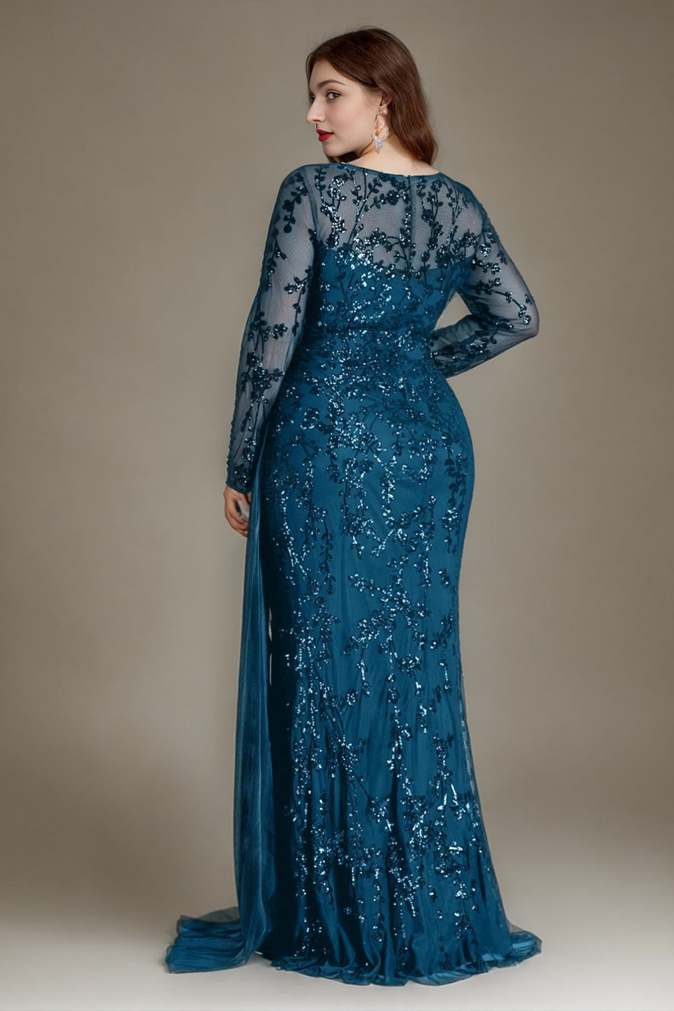 Curveins Plus Size Round Neck Embroidered Tie-Sash Bodycon Maxi Dress