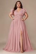 Curveins Plus Size V-Neck Ruffle Sleeve Split A-Line Maxi Dress