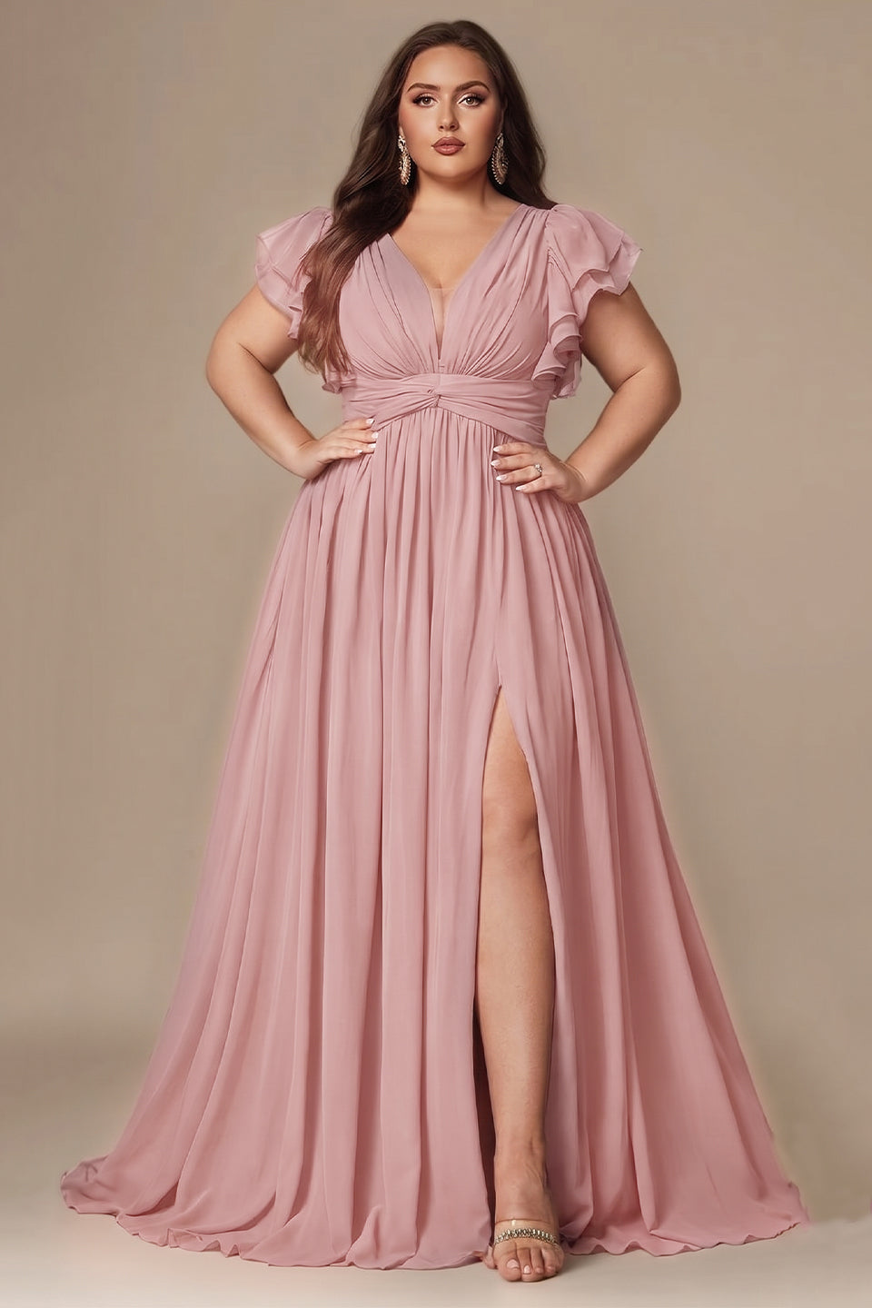 Curveins Plus Size V-Neck Ruffle Sleeve Split A-Line Maxi Dress