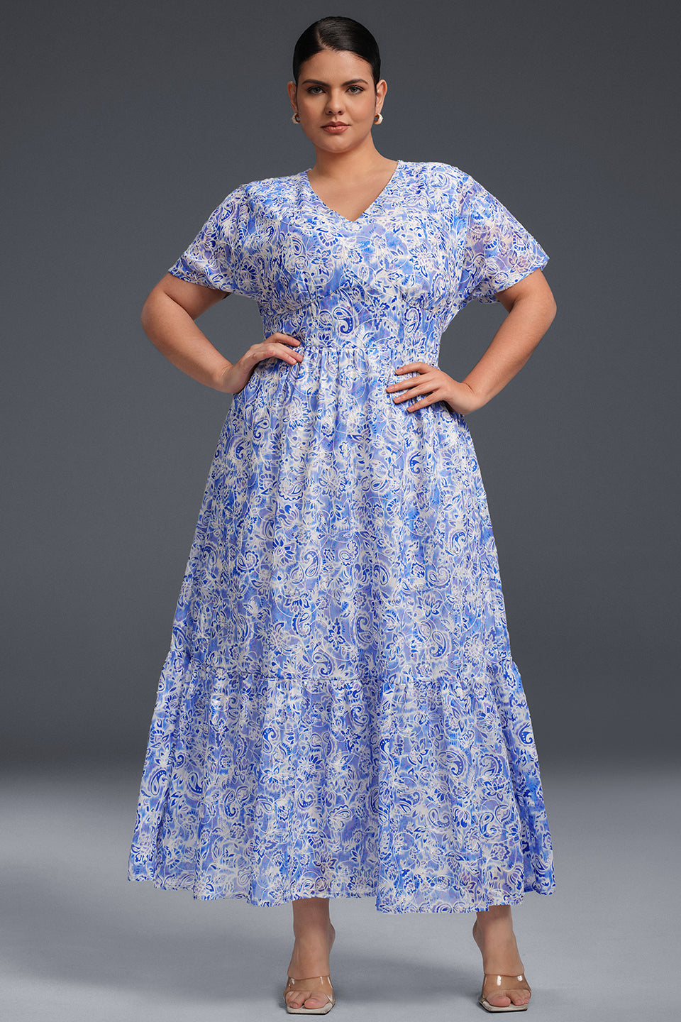 Curveins Plus Size V-Neck Floral Ruffle Hem Maxi Dress