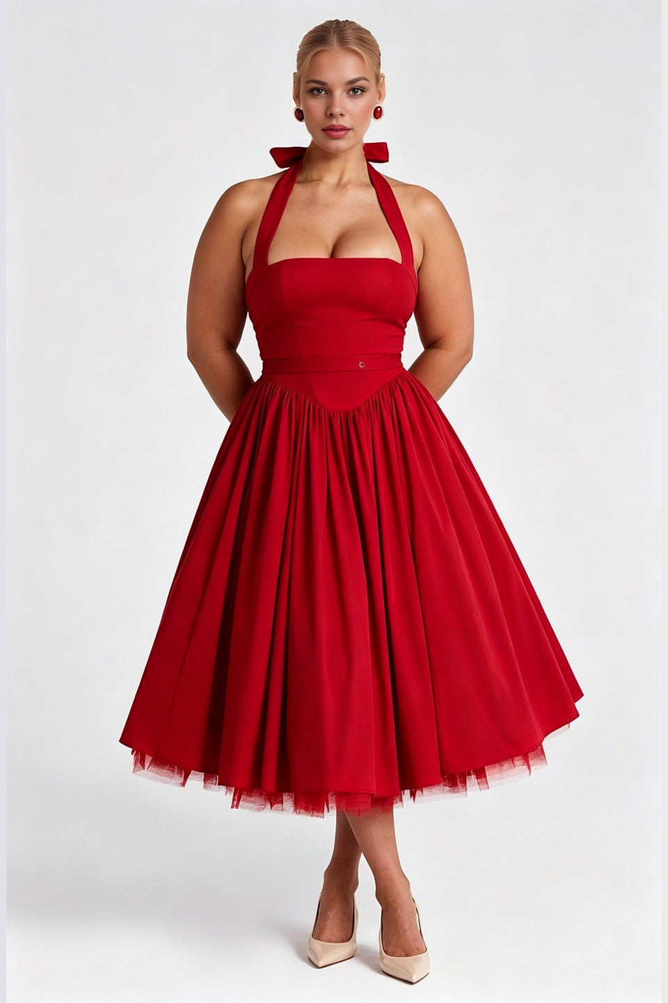 Curveins Plus Size Halter Neck Spaghetti Strap Sleeveless Puff Skirt Midi Dress