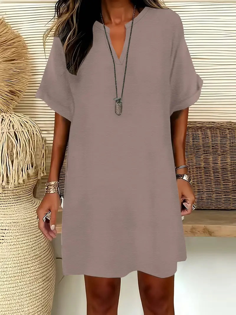Women's Plain Notched-Neck Short Sleeve Midi Dress, Casual Chic Fashion Drop Shoulder A-Line Dress for Summer, Comfortable and Stylish Dress