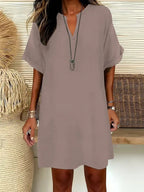 Women's Plain Notched-Neck Short Sleeve Midi Dress, Casual Chic Fashion Drop Shoulder A-Line Dress for Summer, Comfortable and Stylish Dress