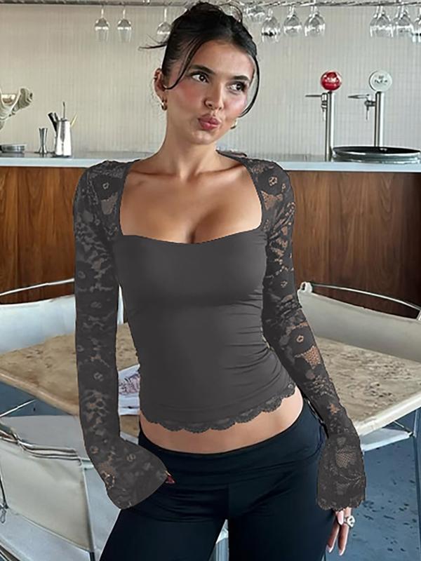 Women's Solid Color Lace Floral Spliced Ruffles Trim Sheer Long Sleeve Tee, Sexy Flower Pattern Designed Slim-fit T-shirt for Party Club Holiday, Ladies Summer Clothes, Top