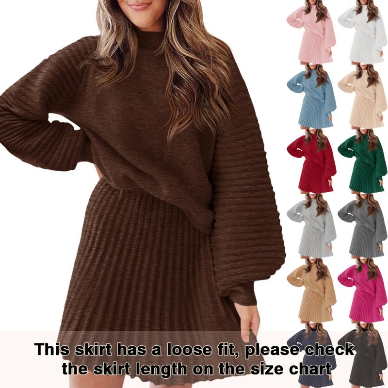 Women's 2 Piece Outfits 2025 Long Sleeve Mock Neck Ribbed Sweaters And Mini Skirt Two Piece Sets