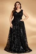 Curveins Plus Size V Neck Sleeveless Sequin Floral Cinched Waist Elegant Maxi Dress