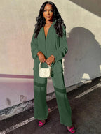 Women's Solid Button Front Shirt & Elastic Waist Pants Two-piece Set