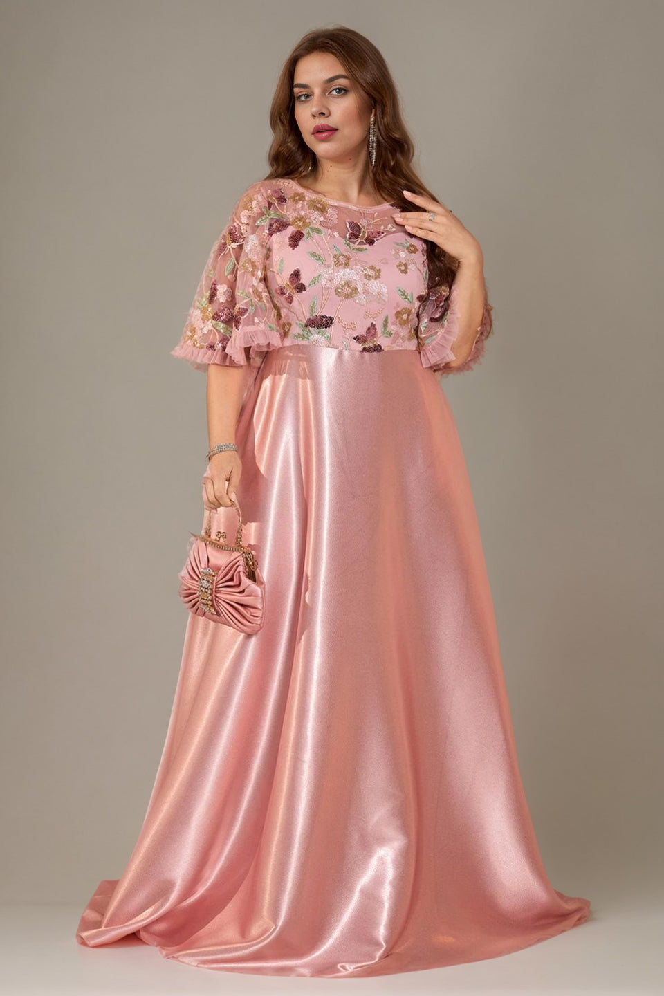 Curveins Plus Size Round Neck Batwing Sleeve Ruffle Patchwork Elegant Maxi Dress