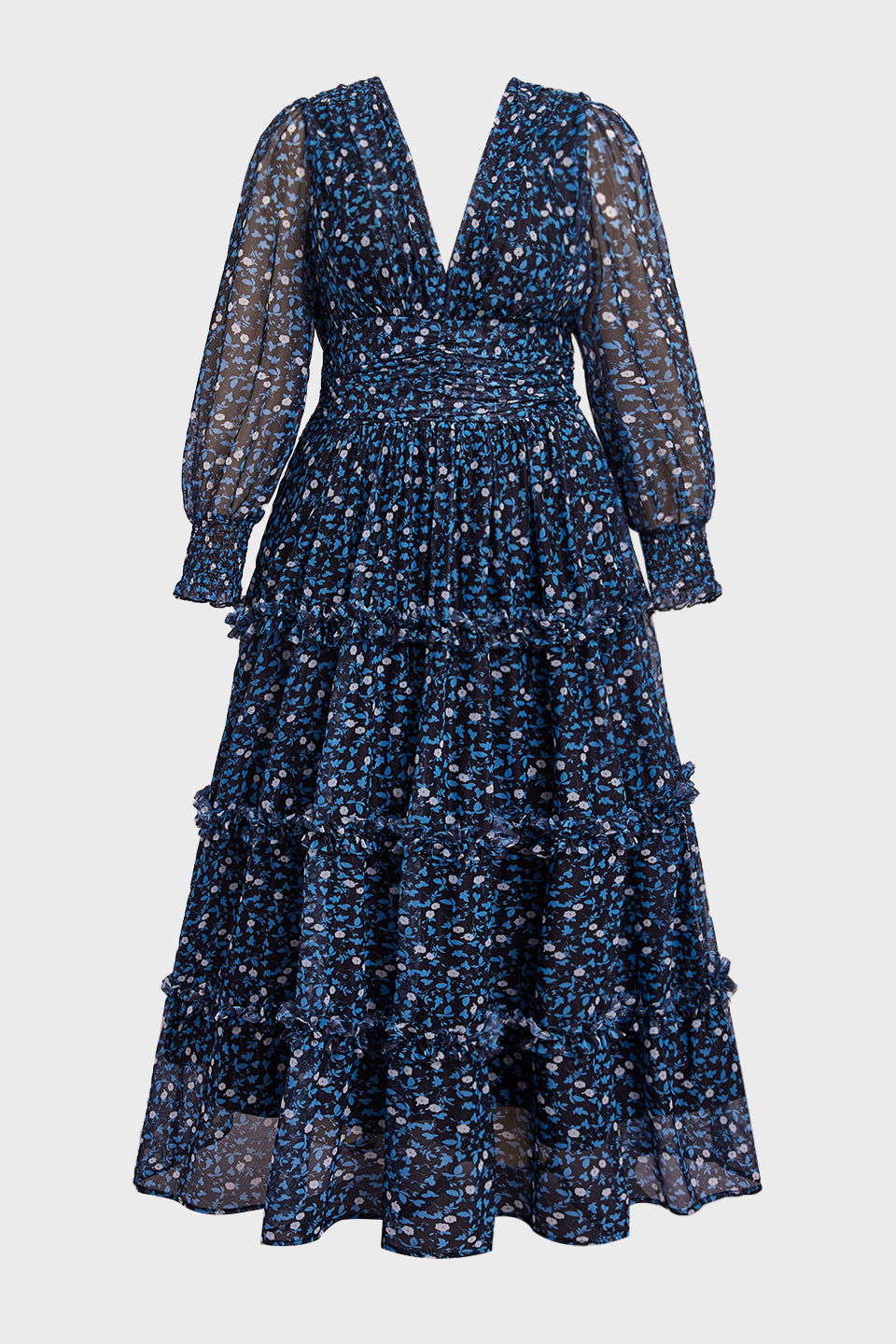 Curveins Plus Size V Neck Long Sleeve Floral Tiered Maxi Dress