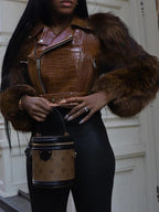 Women's Patchwork Fur Jacket, Crocodile Texture Sleeves, Zipper Design, Casual Biker Style, All Seasons Wear, Stylish & Luxurious Look