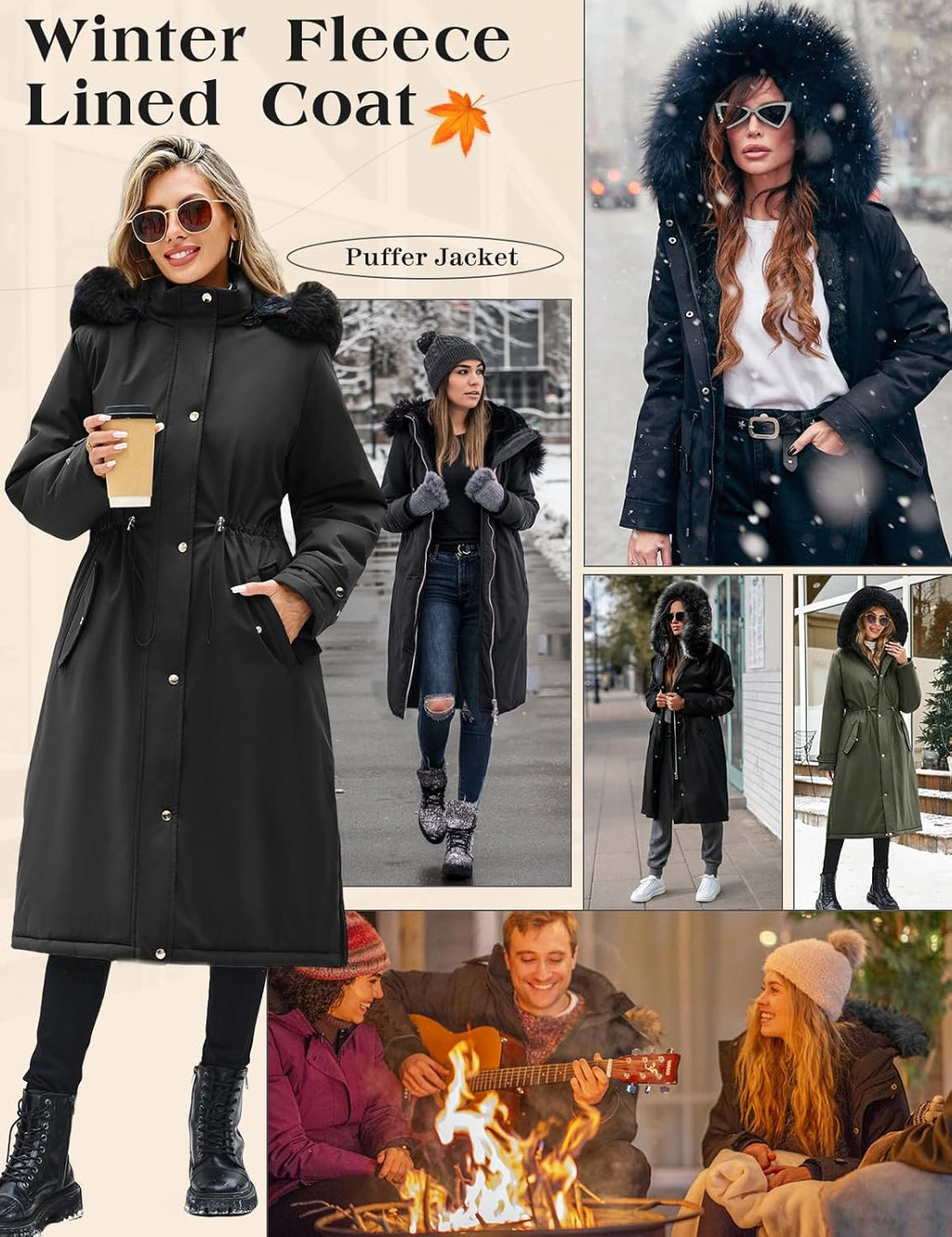 Women's Long Coats Winter Fleece Lined Warm Long Jackets for Women, Water Repellent Windproof Parka Coat Zip Up Button Drawstring Waist Overcoat with Pockets and Detachable Hood