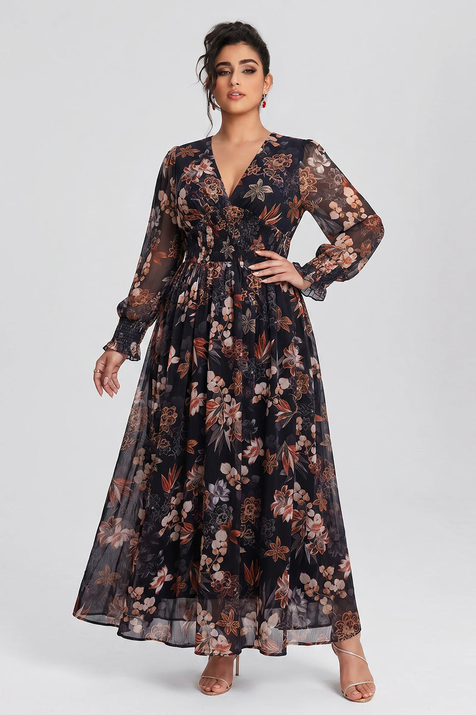 Curveins Plus Size V Neck Long Sleeve Floral Waist Maxi Dress