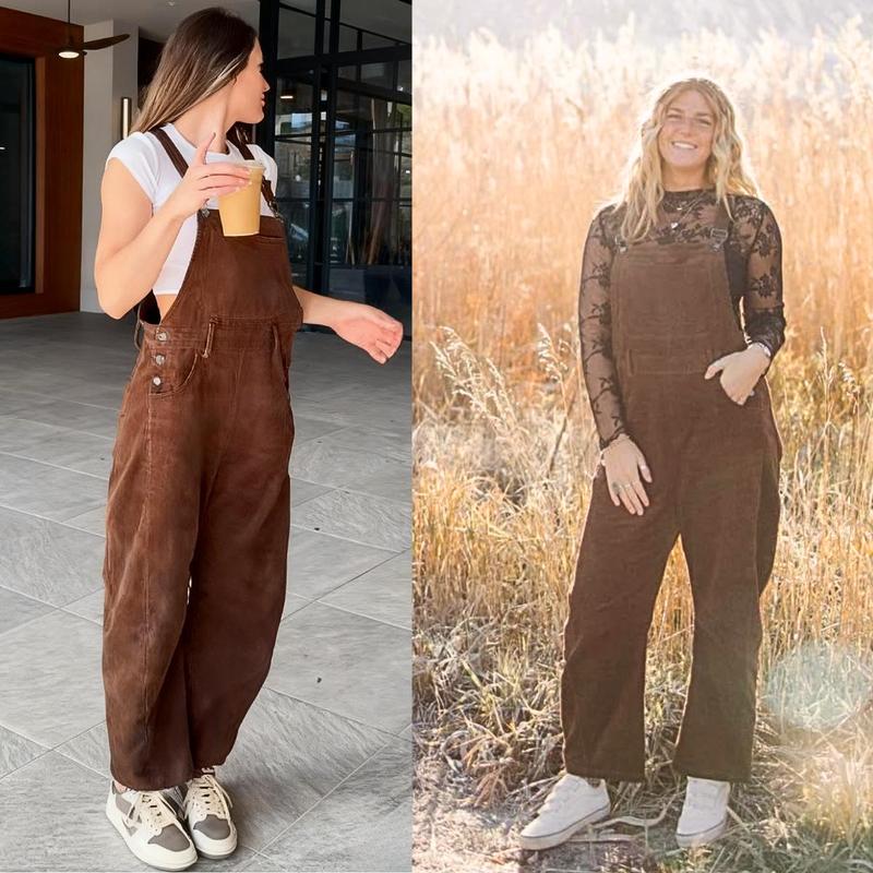 Corduroy Overalls for Women Barrel Wide Leg Bib Corduroy Pants Women Adjustable Romper Jumpsuit with Pockets