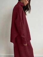 Women's 2 Pcs Sweater Set Autumn/Winter Long Sleeve Turtle Neck Drop Shoulder Solid Color Pullover Sweater and Wide Leg Pants
