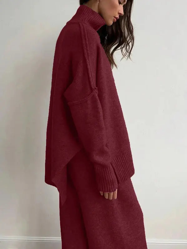 Women's 2 Pcs Sweater Set Autumn/Winter Long Sleeve Turtle Neck Drop Shoulder Solid Color Pullover Sweater and Wide Leg Pants
