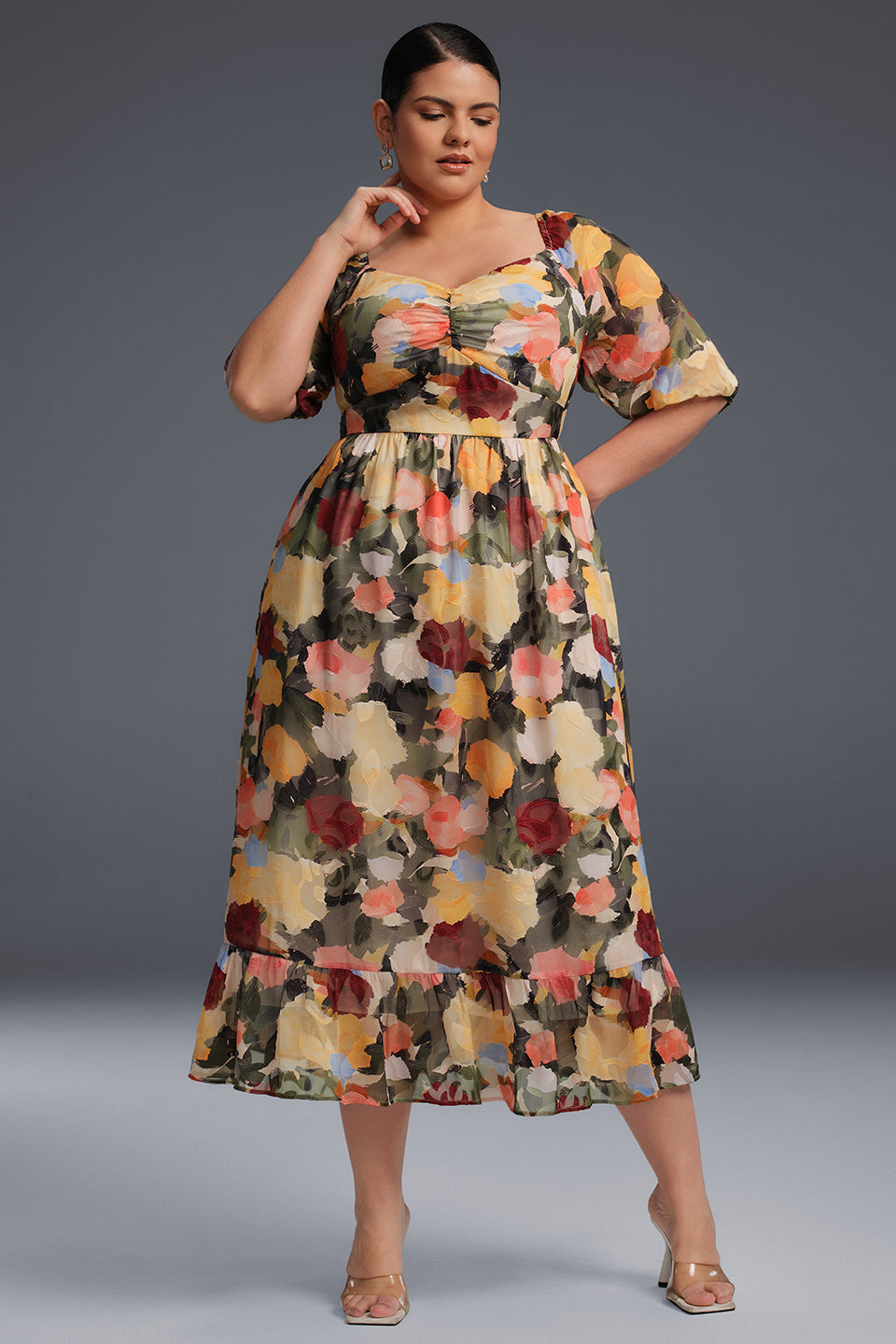 Curveins  Plus Size Draped Collar Foral Maxi Dress