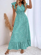 Women's Spring Summer Fashion Casual Floral V Neck Ruffle Waist Slim Bohemian Boho Style Dress, Long Cap Sleeve Fitted Wrap Dress for Vacation
