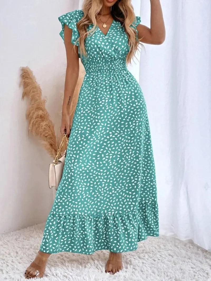 Women's Spring Summer Fashion Casual Floral V Neck Ruffle Waist Slim Bohemian Boho Style Dress, Long Cap Sleeve Fitted Wrap Dress for Vacation