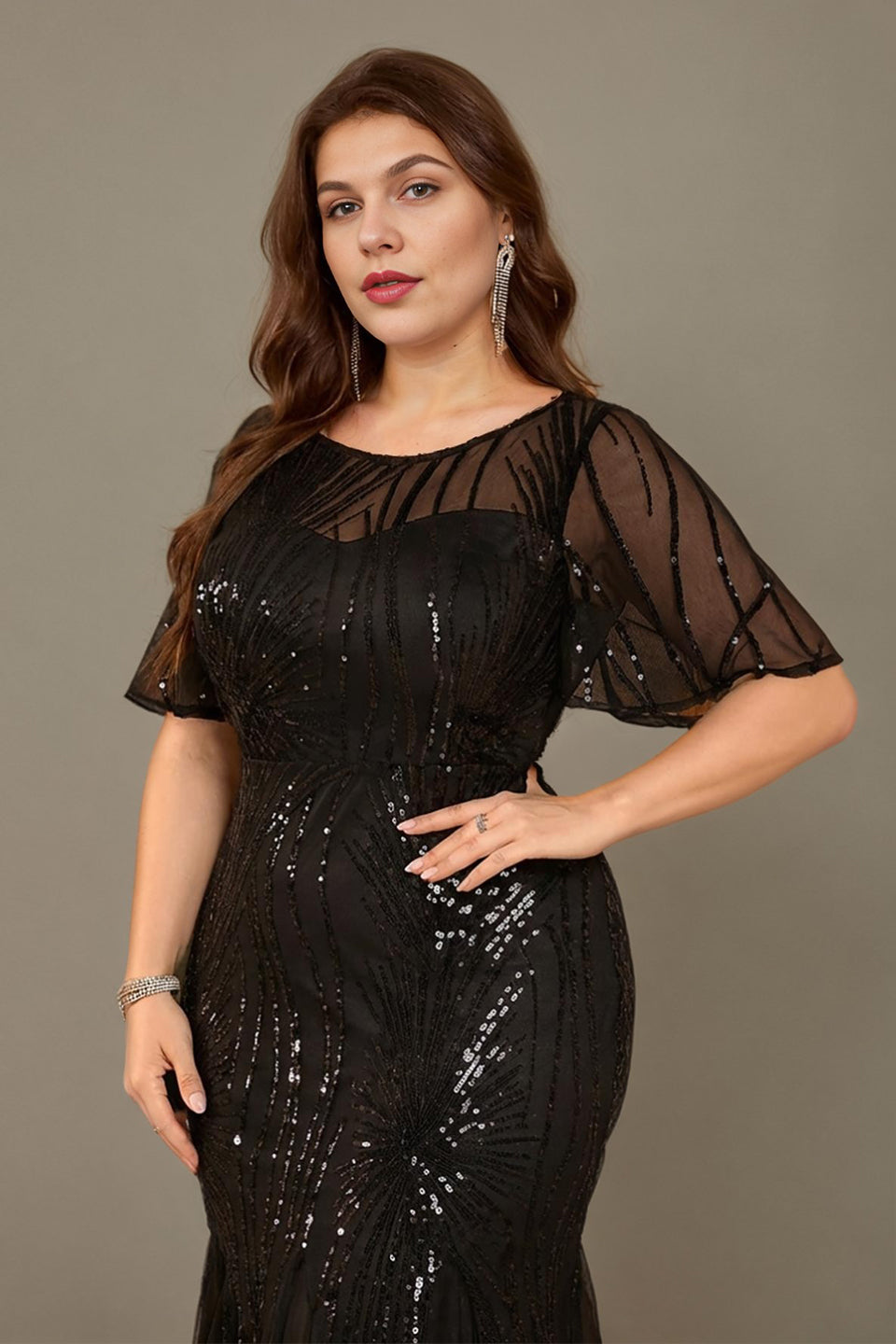 Curveins Plus Size Round Neck Batwing Sleeve Mermaid Patchwork Elegant Maxi Dress