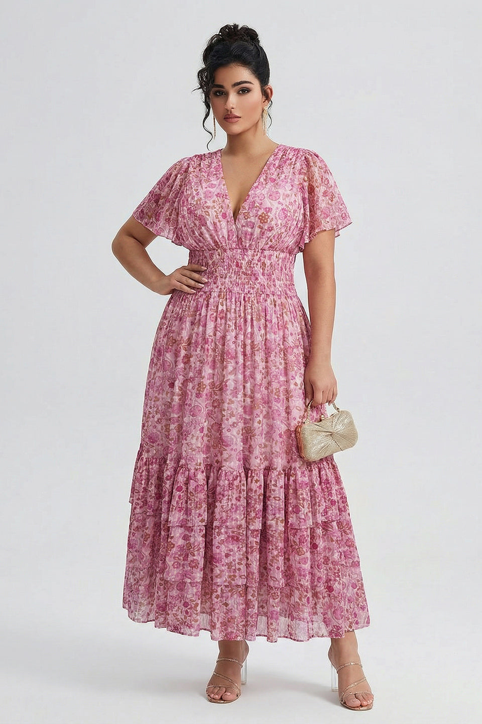 Curveins Plus Size  Floral Smocked Waist Ruffle Sleeve Maxi Dress