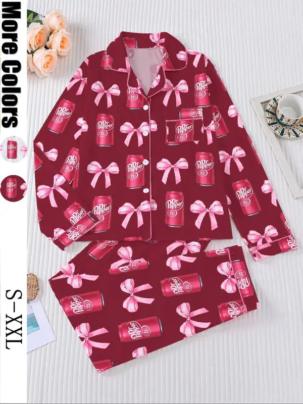 Women's Dr Pepper Pajama Set, Long Sleeve Soda Print Sleepwear, Cozy Soft Fabric Loungewear Gift for Fall and Winter
