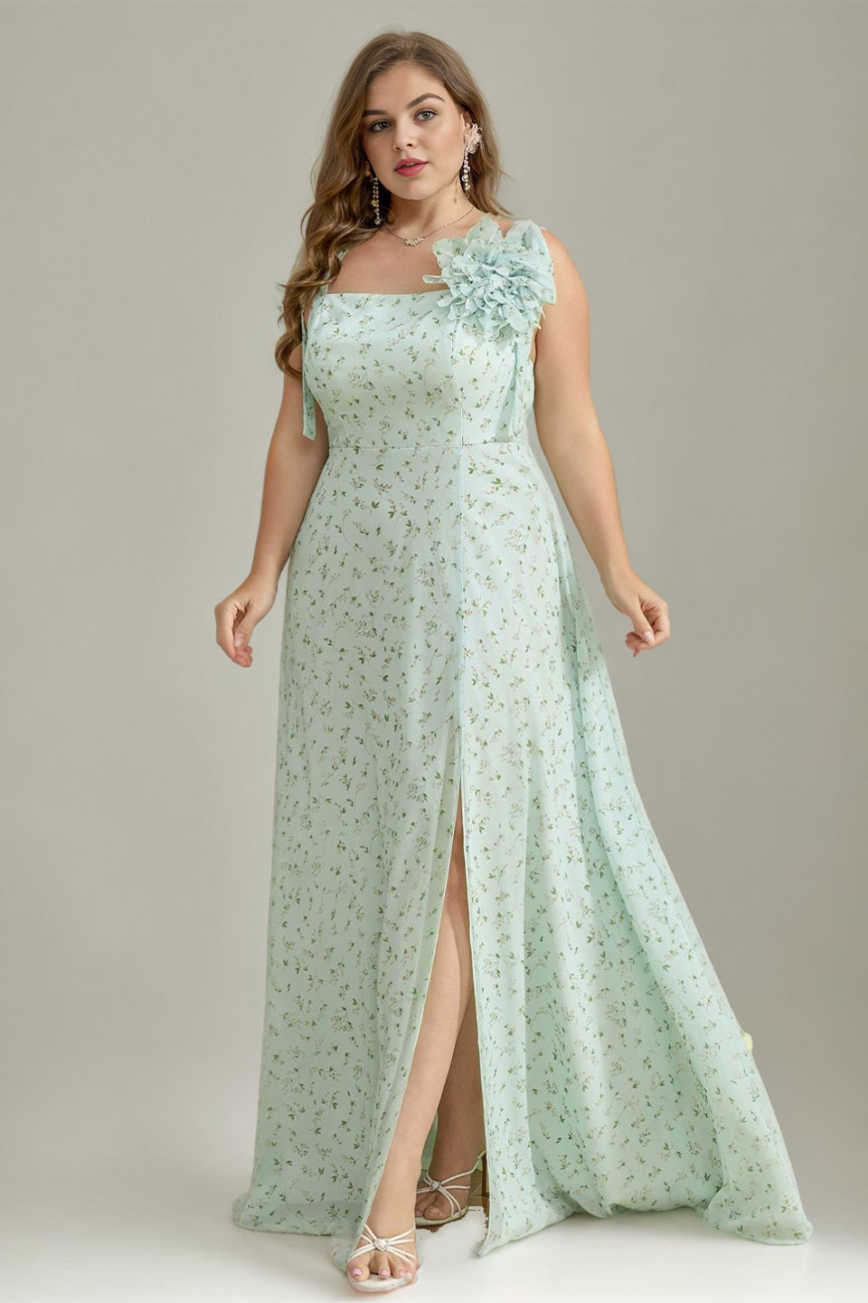 Curveins Plus Size Square Neck Spaghetti Strap Floral Embellishment High Slit Maxi Dress