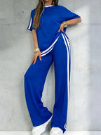 Women's Casual Athleisure Sportswear Set, Solid Color Round-Neck Short-Sleeve Split-Hem Top and Striped Long Pants, Spring/Summer Two-Piece Set