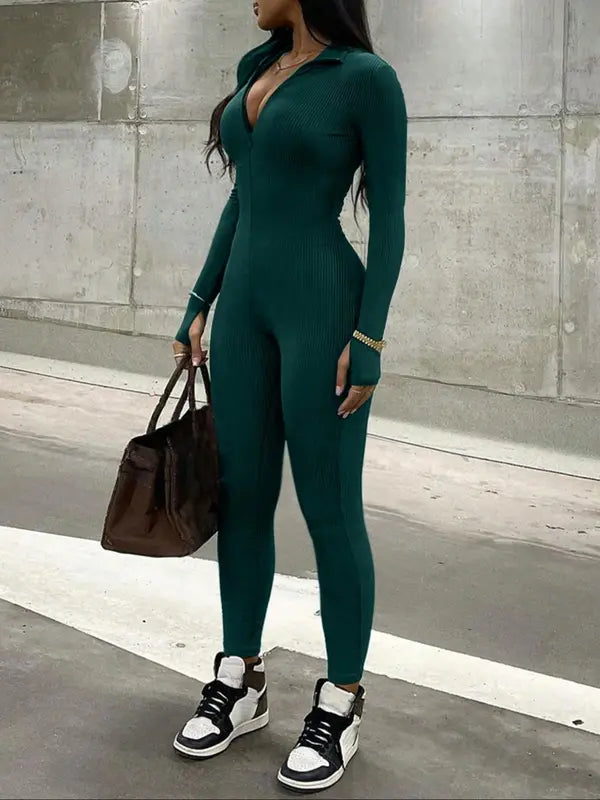 Women's Solid Zipper Jumpsuit, Casual Comfy Thumb Hole Long Sleeve Skinny Jumpsuit for Daily Wear, Ladies Clothes for All Seasons