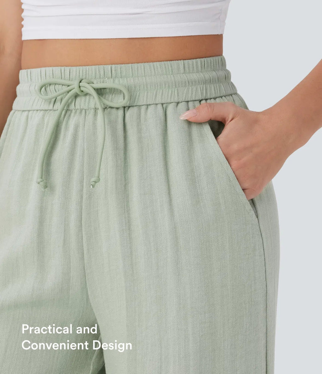 Casual High-Waisted Linen Trousers with Drawstring and Wide Pockets